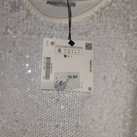 Zara Trafaluc White Sequin Semi Sheer Short Sleeve Top NWT - Picture 4 of 5